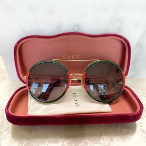 LIKE NEW! GUCCI round green and red sunglasses GG0061S gold